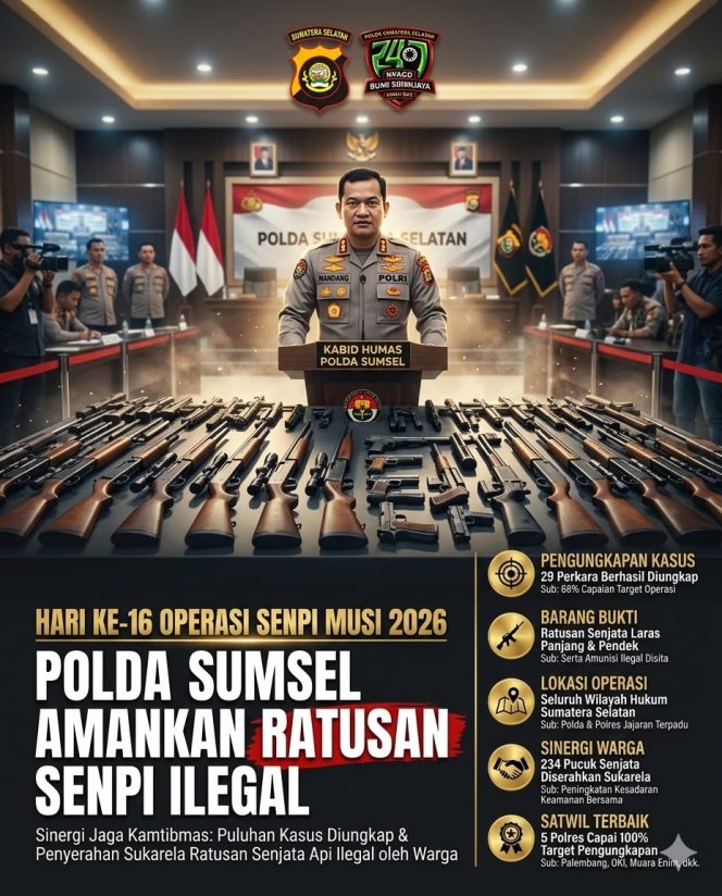 
 Polda Sumsel Kejar Sisa Target Operasi Senpi Musi 2026, Ratusan Senjata Api Ilegal Berhasil Diamankan