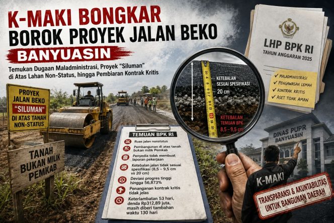 
 K-MAKI Bongkar Borok Proyek Jalan Beko BanyuasinTemukan Dugaan Maladministrasi, Proyek “Siluman” di Atas Lahan Non-Status, hingga Pembiaran Kontrak Kritis