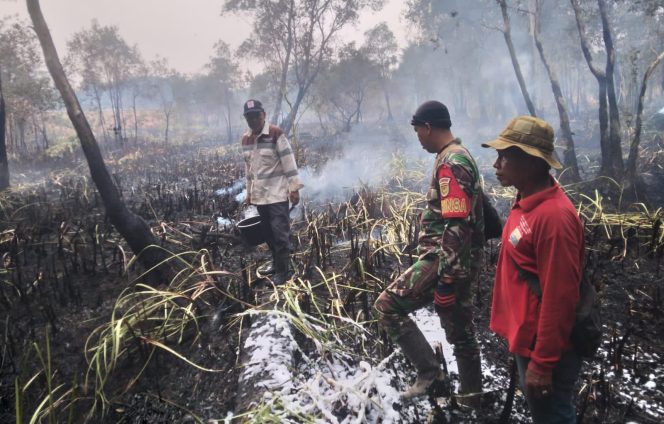
 Babinsa Bersama Tim Gabungan Gerak Cepat Padamkan Kebakaran Lahan 1 Hektare di Pulokerto