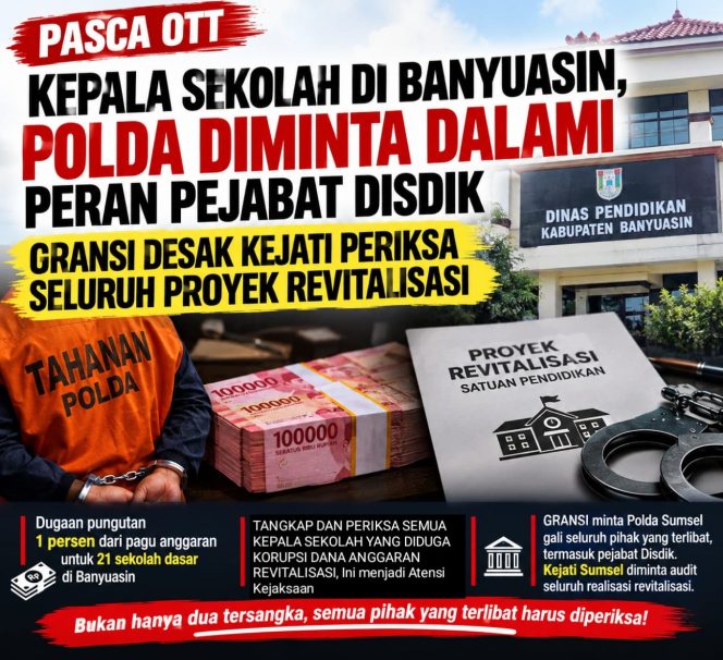 
 Pasca OTT Kepala Sekolah di Banyuasin, Polda Diminta Dalami Peran Pejabat Disdik, GRANSI Desak Kejati Periksa Seluruh Proyek Revitalisasi