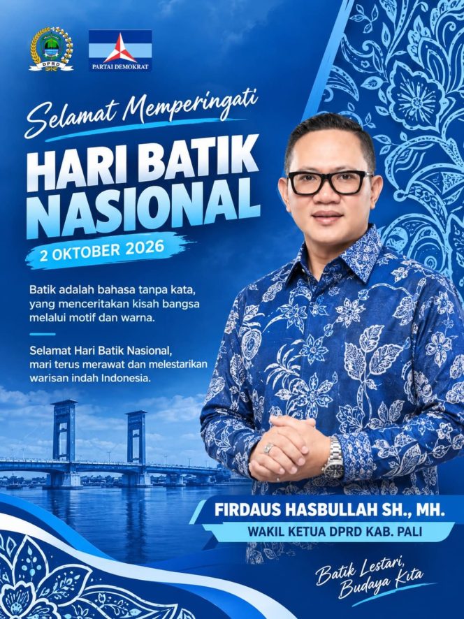 
 Dari PALI untuk Indonesia, Firdaus Hasbullah Kenakan Batik Biru di Hari Batik Nasional 2026