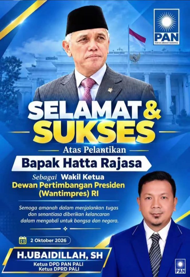 
 Keluarga Besar DPD PAN PALI Sampaikan Selamat dan Sukses Atas Pelantikan Hatta Rajasa Sebagai Wakil Ketua Wantimpres RI